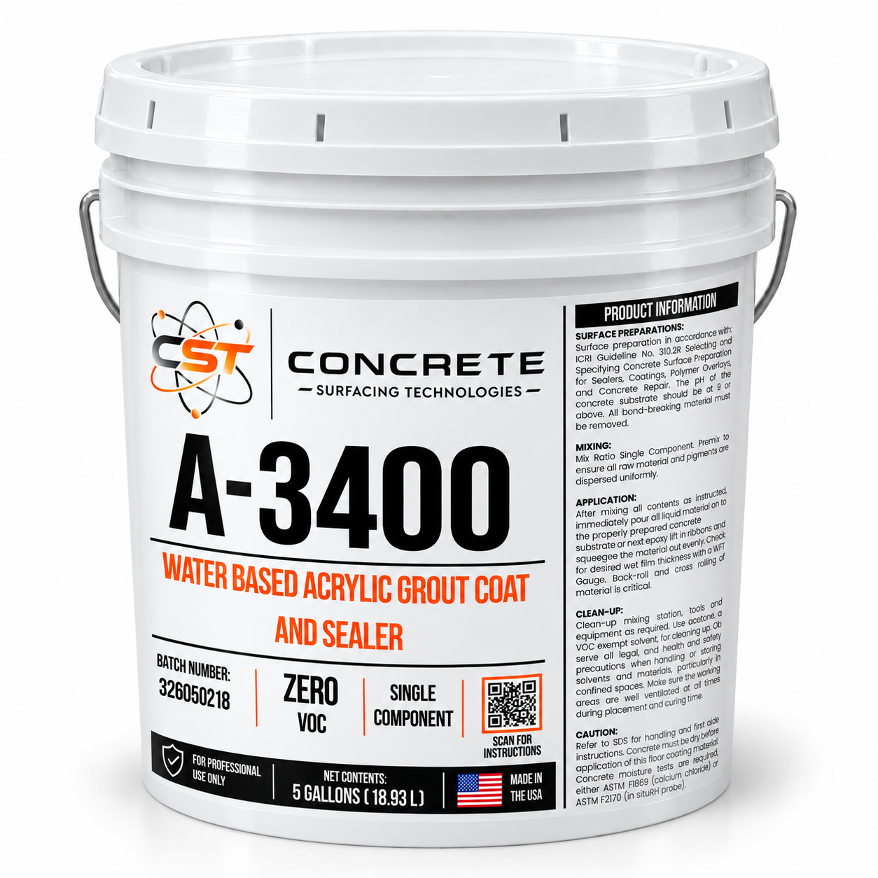 Digital mockup of A-3400 in a white five-gallon plastic pail with a wrapped CST label