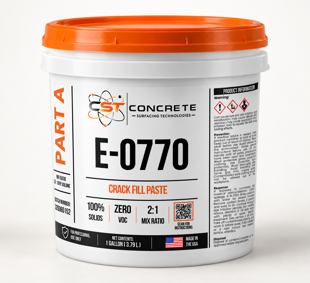 Digital mockup of E-0770 Part A in a white one-gallon pail with an orange lid