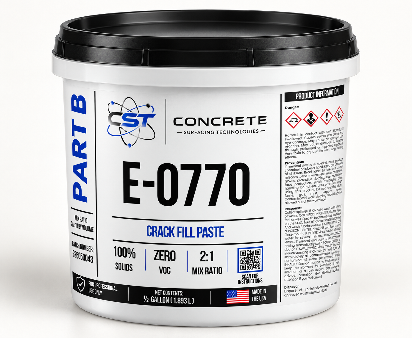 Digital mockup of E-0770 Part B in a white half-gallon pail with a black lid