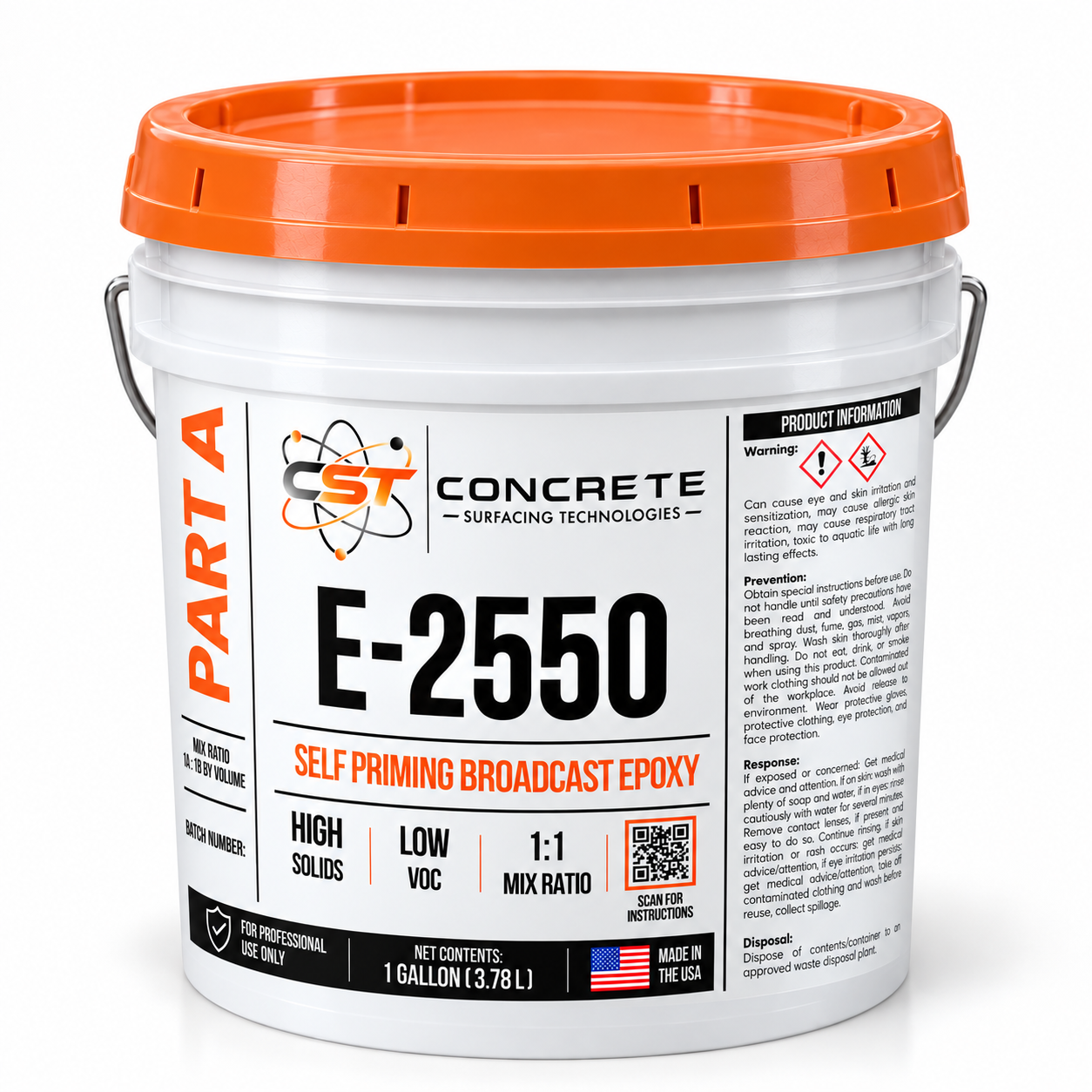 Digital mockup of E-2550 Part A in a white one-gallon pail with an orange lid