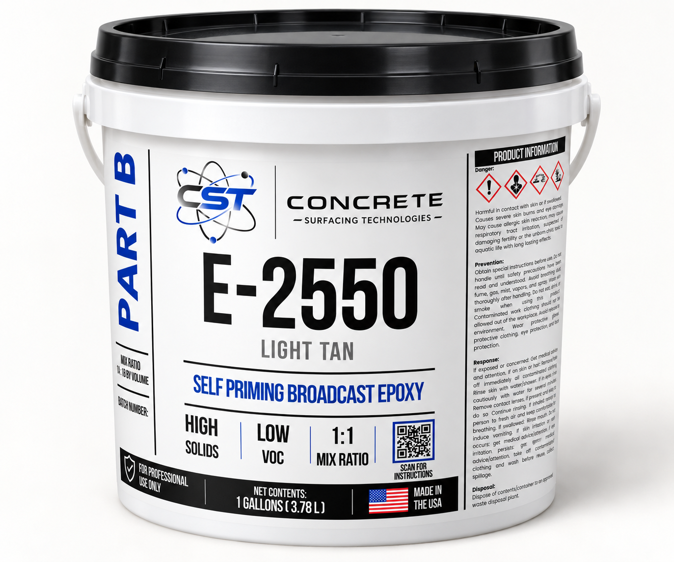 Digital mockup of E-2550 Part B Light Tan in a white one-gallon pail with a black lid