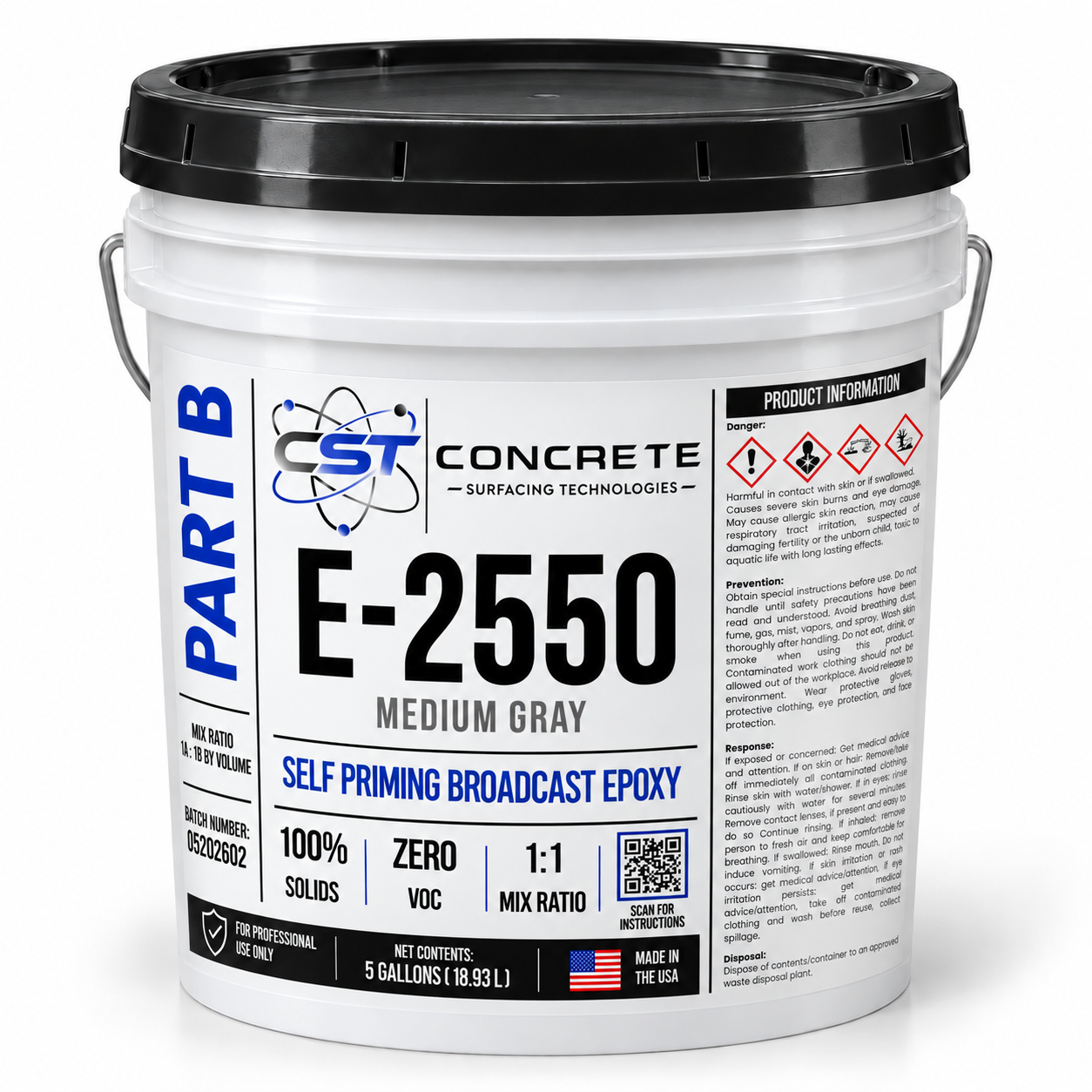 Digital mockup of E-2550 Part B Medium Gray in a white five-gallon pail with a black lid