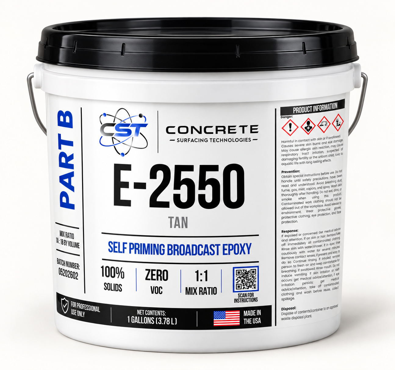 Digital mockup of E-2550 Part B Tan in a white one-gallon pail with a black lid
