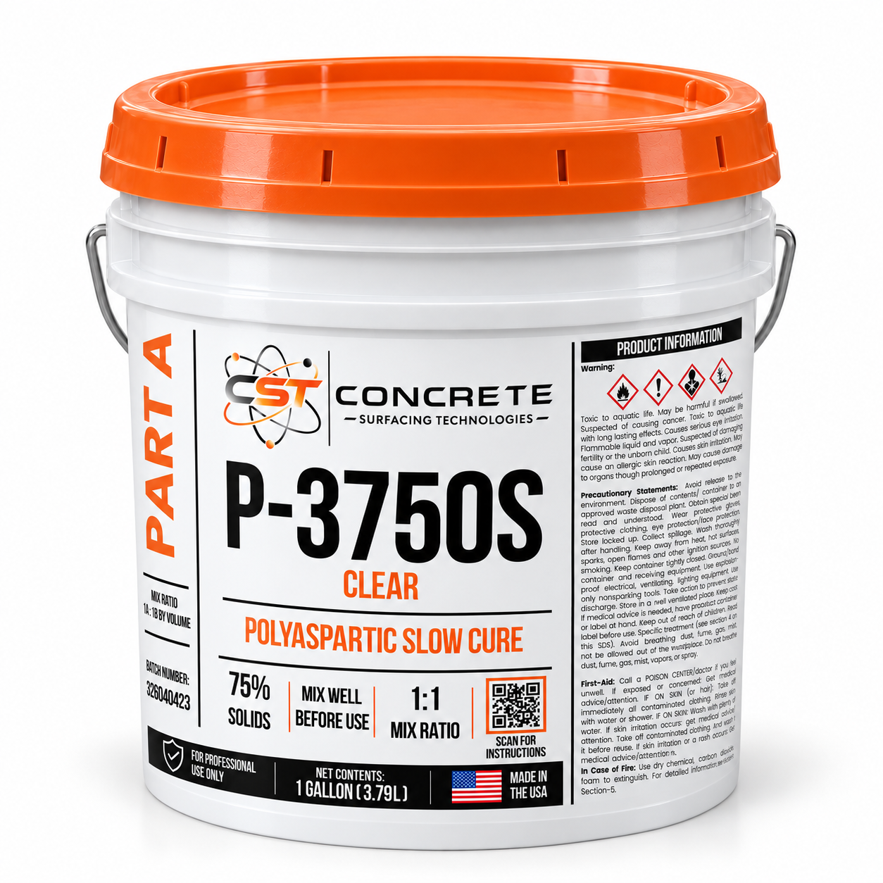 Digital mockup of P-3750S Slow Cure Part A in a white one-gallon pail with an orange lid and wrapped CST label
