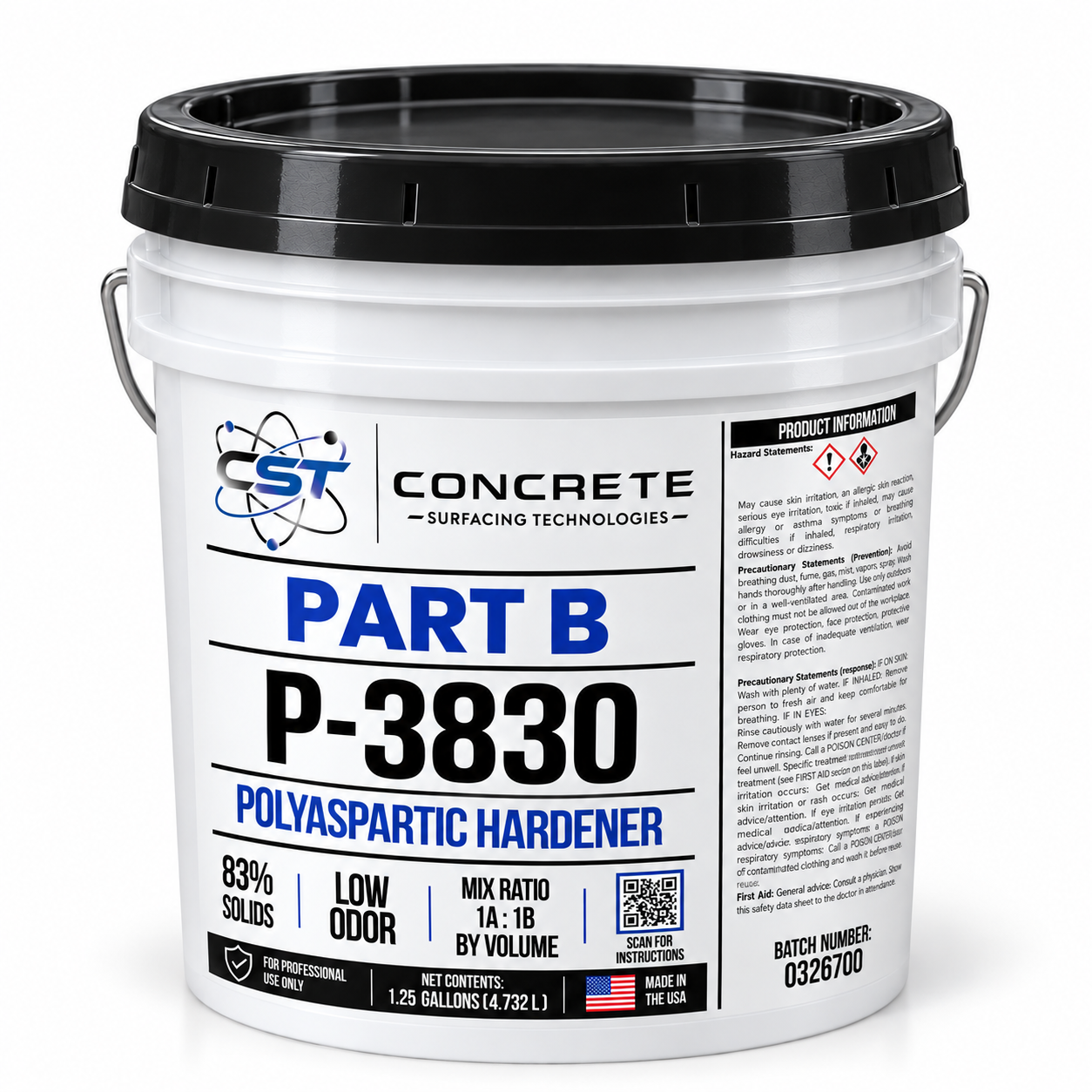 Digital mockup of P-3830 Part B in a white 1.25-gallon pail with a black lid
