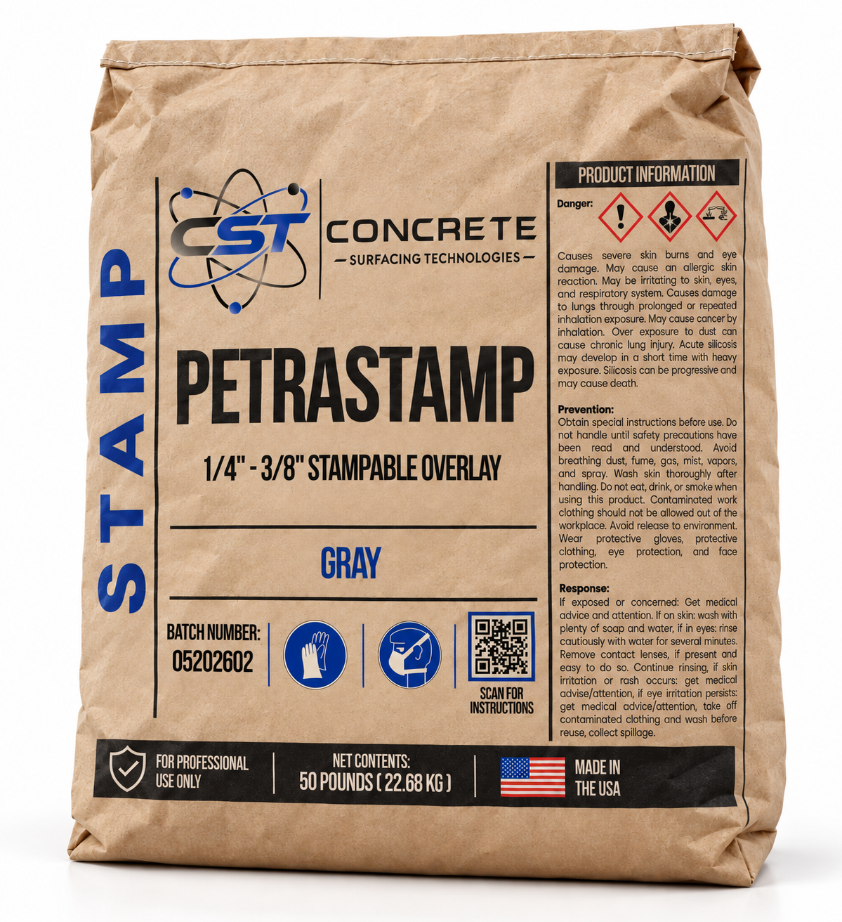 Digital visualization of PetraStamp Gray in a brown 50-pound valve-packed bag