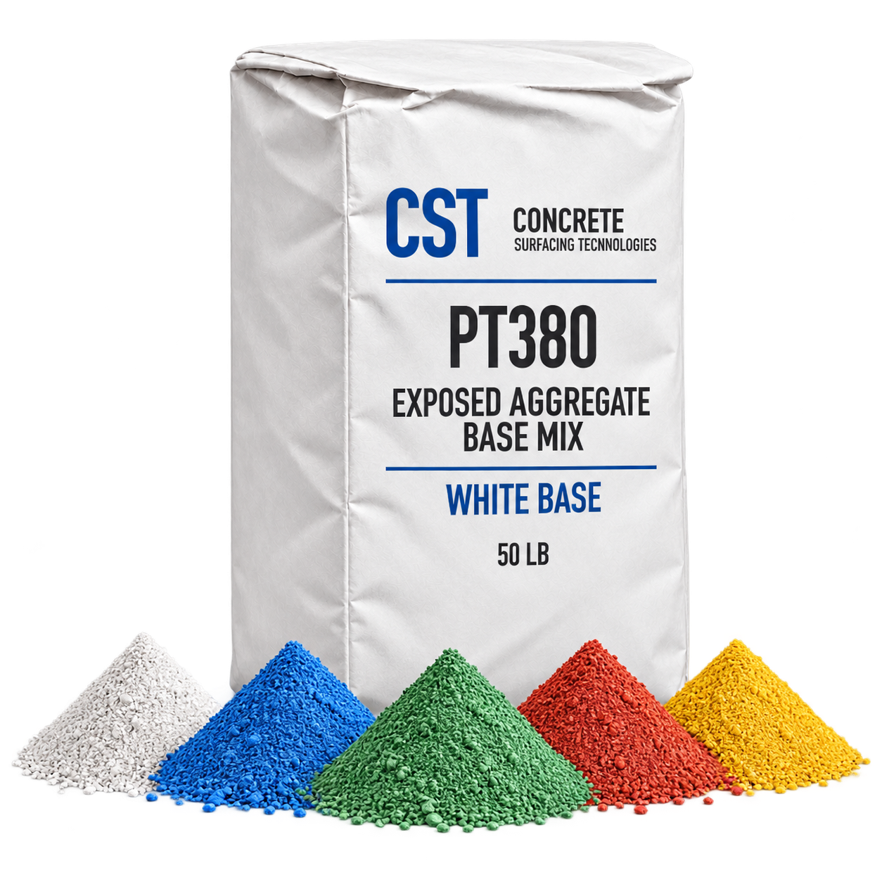 PT380 white-base bag with white, blue, green, red and yellow illustrative color sample piles